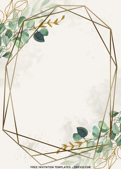 a gold geometric frame with green leaves and branches on the top, in front of a watercolor background