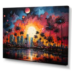 an abstract painting of palm trees and the sun setting over a city with skyscrapers