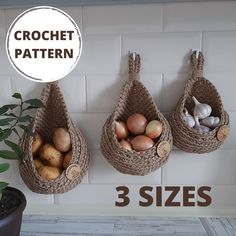 three baskets filled with potatoes and onions hanging on the wall next to a potted plant