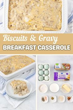 biscuits and gravy breakfast casserole in a white dish