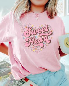 This cute, retro style Comfort Colors Sweet Heart Valentine's Day t-shirt would be the perfect gift for the person you love this Valentine's Day! Comes in multiple colors! Check out more designs here: www.etsy.com/shop/jadeandroseshop ✨️SIZE AND FIT: Your shirt will be printed on a high-quality, soft and comfortable unisex t-shirt. Sizes run true to size, which takes the guesswork out of ordering. If you like your t-shirts loose or oversized - size up. For a more fitted women's style - size down Loving Girlfriend, Barbie Shirt, Valentine Candy Hearts, Y2k Girls, Motherhood Shirts, Volleyball Shirts, Tequila Shirt, Coffee Valentines, Comfort Colors Tshirt