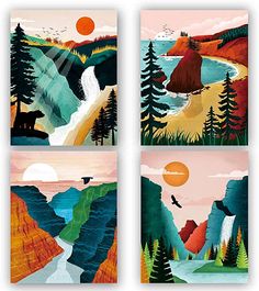 four paintings with mountains and trees on them