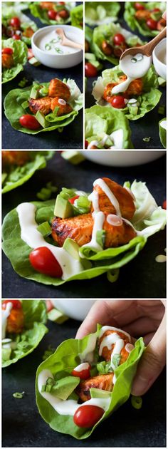 the process of making chicken lettuce wraps with dressing and tomatoes on top is shown