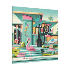 a pink flamingo standing in front of a house with a cat on the porch