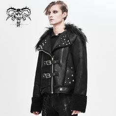 Decadent Punk Warm Spiked Fur Collar Men Wool Short Jacket With Loops Punk Subculture, Jacket With Fur Collar, Punk Jacket, Mode Steampunk, Classic Punk, Gothic Jackets, Gothic Men, Jacket With Fur, Being Different