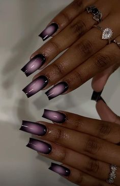 Jhene Aiko Theme Nails, Black Unique Nails, Purple And Black Aura Nails, Gel X Nails Purple, Nail Inspo Summer Black, Moss Nails Acrylic, Black People Salad, Nail Themes Ideas, Birthday Black Nails