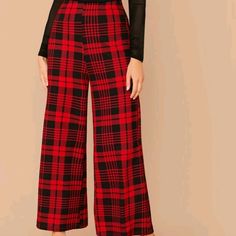 New, Never Worn Pant From A Smoke-Free And Pet-Free Home Cheap Plaid Wide Leg Pants, Red And Black Plaid Pants, Red Plaid Pjs Pants, Red Plaid Pajama Pants, Wide-leg Plaid Pants With Houndstooth Pattern, Wide Leg Pants Outfit, Plaid Pants, Red And Black Plaid, Plaid Christmas