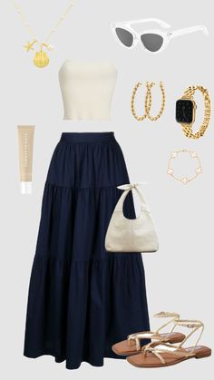 #outfitinspo #classy #chic #simple #summer #gold Girly Summer Outfits Classy, Classy Summer Outfits Aesthetic, Summer Long Skirt Outfits, Gold Sandals Outfit, Beach Outfit Modest, Summer Outfits Skirts, Simple Beach Outfit, Modesty Outfits, Cute Modest Outfits