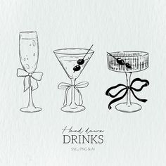 three martini glasses with ribbons tied around them and the words happy hour drinks written in black ink