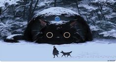 a cat and dog are walking in the snow near a large rock with glowing eyes