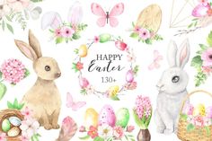 watercolor easter clipart set with bunny, eggs and flowers on white background for commercial use