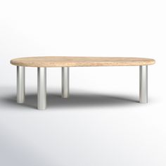 an oval wooden table with metal legs on a white background