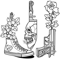 a drawing of a boot with flowers in it and a skull inside the boot next to it