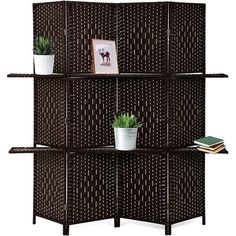 a room divider made out of wicker with plants and books on the shelves