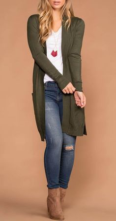 Outfit With Long Cardigan, Cardigan Fall Outfit, Sweaters Winter, Fall Trends Outfits, Green Cardigan, Cardigan Long, 2019 Fashion, Fall Fashion Trends