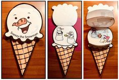 three ice cream cones with cartoon characters on them, one in the shape of an ice cream cone