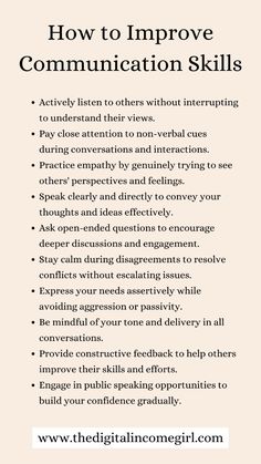 Developing better communication skills is vital for enhancing personal relationships and improving social interactions. These ten tips focus on personal development, from active listening to assertiveness, ensuring effective and engaging communication. By mastering these skills, you’ll inspire others and create a positive growth mindset in your environment. Effective Communication Skills Business, Better Communication Skills, Healthy Communication Skills, Leadership Development Activities, Assertiveness Skills, Business Communication Skills, How To Communicate Better, Assertive Communication, Better Communication