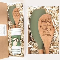 two wooden spoons in a gift box with the words baking more than cookies this year