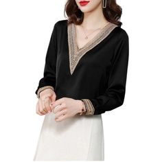 SURESTORY Women's Elegant Fashion Luxury Silk Designer Lace Trimmed Bl – Divine Inspiration Styles Luxury Lace Collar Blouse For Spring, Luxury Lace Trim Blouse For Work, Luxury Lace Collar Tops For Spring, Luxury Spring Tops With Lace Collar, Luxury Lace Trim Evening Blouse, Luxury Evening Blouse With Lace Collar, Luxury Evening Blouse With Lace Trim, Luxury Solid Color Blouse For Semi-formal Occasions, Luxury Elegant Stretch Blouse