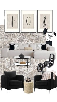 a living room with black and white decor on the walls, couches and chairs