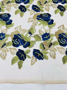 Royal Blue/Gold Floral and Leaves Embroidery on a Mesh Lace Fabric , Floral Bridal Lace Wedding Dress by the Yard (Pick a Size) Blue Floral Embroidery Dupatta For Wedding, Blue Floral Embroidered Dupatta For Wedding, Blue Wedding Dupatta With Floral Embroidery, Blue Embroidered Wedding Fabric, Blue Wedding Embroidered Fabric With 3d Embroidery, Blue 3d Embroidered Fabric For Wedding, Royal Blue Embroidered Dupatta, Leaves Embroidery, Royal Blue And Gold