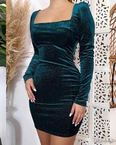 Lasaky - Sequin Velvet Long Sleeve Bodycon Dress Dress Medium Length, Glitter Bodycon Dress, Sequin Patch, Sleeve Bodycon Dress, Long Sleeve Bodycon Dress, Dress Medium, Long Sleeve Bodycon, Sophisticated Style, Green Fashion