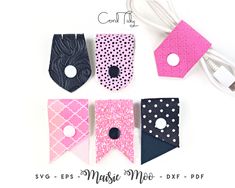 four pieces of pink, black and white fabric with polka dots on them are sitting next to each other