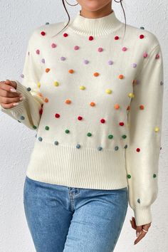 Introducing our unique Pom-Pom Trim Mock Neck Long Sleeve Pullover Sweater, the perfect addition to your casual wardrobe. This sweater stands out with its multicolored pattern and ribbed neckline, adding a touch of fun and style to any outfit. The mock neck and regular sleeves provide a comfortable fit, while the moderate stretch allows for easy movement. Made from a blend of viscose, polyamide, and polyester, this sweater is both soft and durable. But what truly sets this sweater apart is the p Pom Pom Sweater, Pullover Mode, Winter Mode, Legging Sport, Winter Stil, Knitwear Fashion, Long Sleeve Pullover Sweater, Pom Pom Trim, Yarn Ball