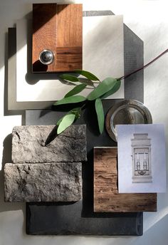 a plant is sitting on top of some blocks of wood and other items that are placed around it