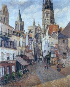 an oil painting of people walking down a street in front of old buildings and cathedrals