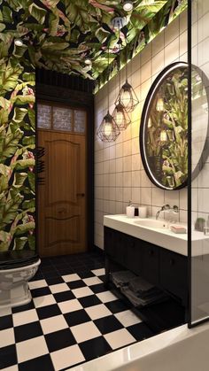 a bathroom with black and white checkered flooring