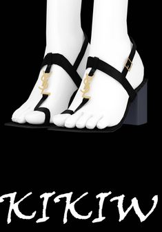 a pair of white shoes with black straps and gold buckles on the toes, against a black background