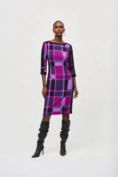 Drape yourself in pure elegance in this stunning knit dress. The eccentric plaid print as well as the band detail at the shoulders and on the three-quarter sleeves define the garment’s unique appeal. The boat neck and sheath silhouette create a refined yet modern look, complemented by the back zipper closure for a seamless fit. The delicate eyelet with spaghetti detail on the sleeve hemline infuses the piece with a flirtatious charm. DETAILS & CARE 95% Polyester, 5% Spandex Knit fabric Boat neck Joseph Ribkoff Dresses, Pure Elegance, Joseph Ribkoff, The Boat, Plaid Print, New Arrival Dress, Purple Black, Three Quarter Sleeves, Quarter Sleeve