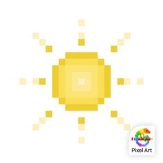 the pixel art logo is yellow and has small squares around it, as well as an image of a sun