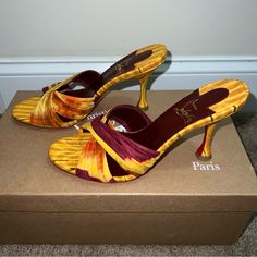 Christian Louboutin Slip On Heels In Yellow, Orange, Red, And Maroon Colors. Size 38, Fits Like A Us 7. Very Comfortable And Perfect 85mm Heel Height. Never Worn, In Perfect Condition. Price Is Written On The Box As It Was Purchased At Sample Sale. Yellow Heels With Padded Heel, Yellow Heels With Wrapped Heel For Evening, Fitted Yellow Heels With Padded Heel, Luxury Yellow Heels For Summer, Designer Yellow Summer Heels, Designer Yellow Heels For Summer, Luxury Yellow Summer Heels, Multicolor Heels With Red Sole For Evening, Fitted Yellow Heels With Wrapped Heel