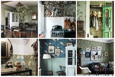 there are pictures of different rooms in the house with flowers on the wall and antique furniture