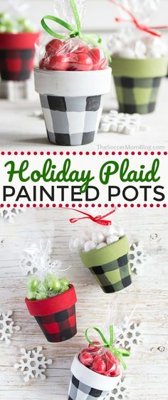 holiday plaid painted pots with ribbons and bows in them on a white wooden table, text overlay says holiday plaid painted pots