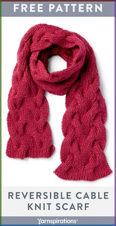 the reversible cable knit scarf is shown with text that reads, free pattern