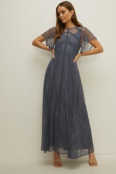 Dresses | Petite Premium Delicate Lace Maxi Bridesmaids Dress | Oasis Casual Maxi Dresses Formal, Lace Sleeved Bridesmaid Dresses, Slate Blue Formal Dress, Enchanted Forest Wedding Guest Dress, Vintage Bridesmaid Dress, Wedding Guest Outfit Petite, Dresses For Engagement Photos, 1920s Style Dresses, Wedding Dresscode