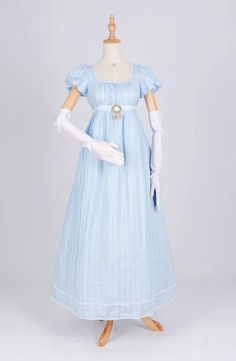 Bridgerton Inspired Regency Era Blue Cotton Dress With Brooch- Regency Ball Gown - Plus Size - WonderlandByLilian Velvet Ball Gown, Bridgerton Inspired, Historical Dress, Blue Cotton Dress, Simply Dress, Vintage Wedding Dress