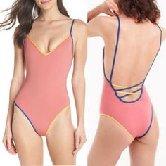 New With Tags J. Crew Playa Montauk Strappy Retro Vintage Style Onepeice Swimsuit. Pink Plunge Neck Swimsuit Designed With Blue/Yellow Low Strappy Back. Size Large Fast Shipping!! Pink V-neck Bodysuit With Lined Body, Pink V-neck Bodysuit For Spring, Pink V-neck Spring Bodysuit, Pink V-neck Summer Bodysuit, Pink One-piece Lined Bodysuit, Pink V-neck Beachwear Bodysuit, Pink Summer Bodysuit With Lined Body, Swimsuit Pink, Swimsuit Design