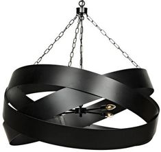 a large black chandelier hanging from a chain with two lights on each end