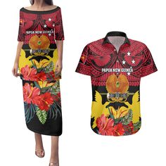 Personalised Papua New Guinea Couples Matching Puletasi Dress and Hawaiian Shirt Bird Of Paradise Mix Polynesian Pattern LT01 Red - Polynesian Pride