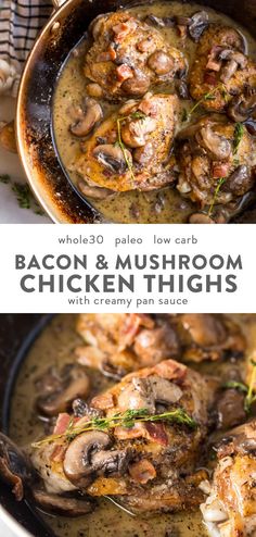 chicken thighs with mushrooms and mushroom gravy in a skillet