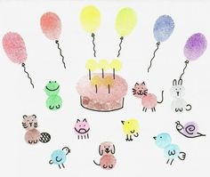 a birthday cake surrounded by balloons and animals