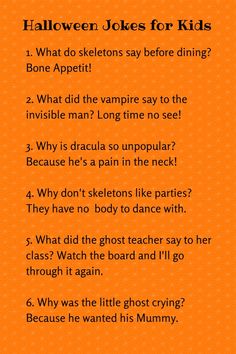 halloween jokes for kids with an orange background and black writing on the bottom right corner