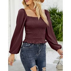 Burgundy Smocked Square Neck Chiffon Tunic Tops Long Sleeve Smocked Top With Smocked Back, Solid Long Sleeve Smocked Top, Solid Color Long Sleeve Smocked Top, Billowy Casual Smocked Top For Fall, Fall Solid Smocked Top With Smocked Cuffs, Fall Smocked Top With Smocked Cuffs, Fall Smocked Bodice Top, Fall Smocked Top With Solid Color, Non-stretch Long Sleeve Smocked Top