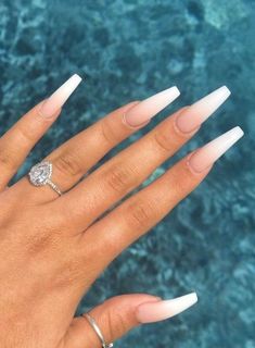 Long Ombre Nail Designs, Clearish Nails, Professional Long Nails, Long Ballerina Nails Designs, Nail Inspo Long Coffin, Ombre Coffin Nail Ideas, Pretty Long Nails Acrylic, White Long Nails With Designs, Coffin Acrylic Nails White