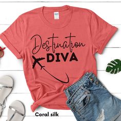 Trendy cute Destination Diva Cotton tee. .: Made with medium fabric (5.3 oz/yd² (180 g/m consisting of 100% cotton for year-round comfort that is sustainable and highly durable.  .: The classic fit of this shirt ensures a comfy, relaxed wear while the crew neckline adds that neat, timeless look that can blend into any occasion, casual or semi-formal. .: The tear-away label means a scratch-free experience with no irritation or discomfort whatsoever. .: Made using 100% US cotton that is ethically Group Vacation Shirts, Airplane Shirt, Vacation Family, Travel Tees, December 24th, Family Trip, Basic Shirts, Cute Tshirts, Shirt Price