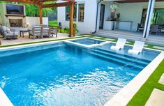 a backyard with a swimming pool and patio furniture